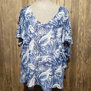 NY Collection 1X Top Blouse Blue White Paisley Flutter Short Sleeve Open Back